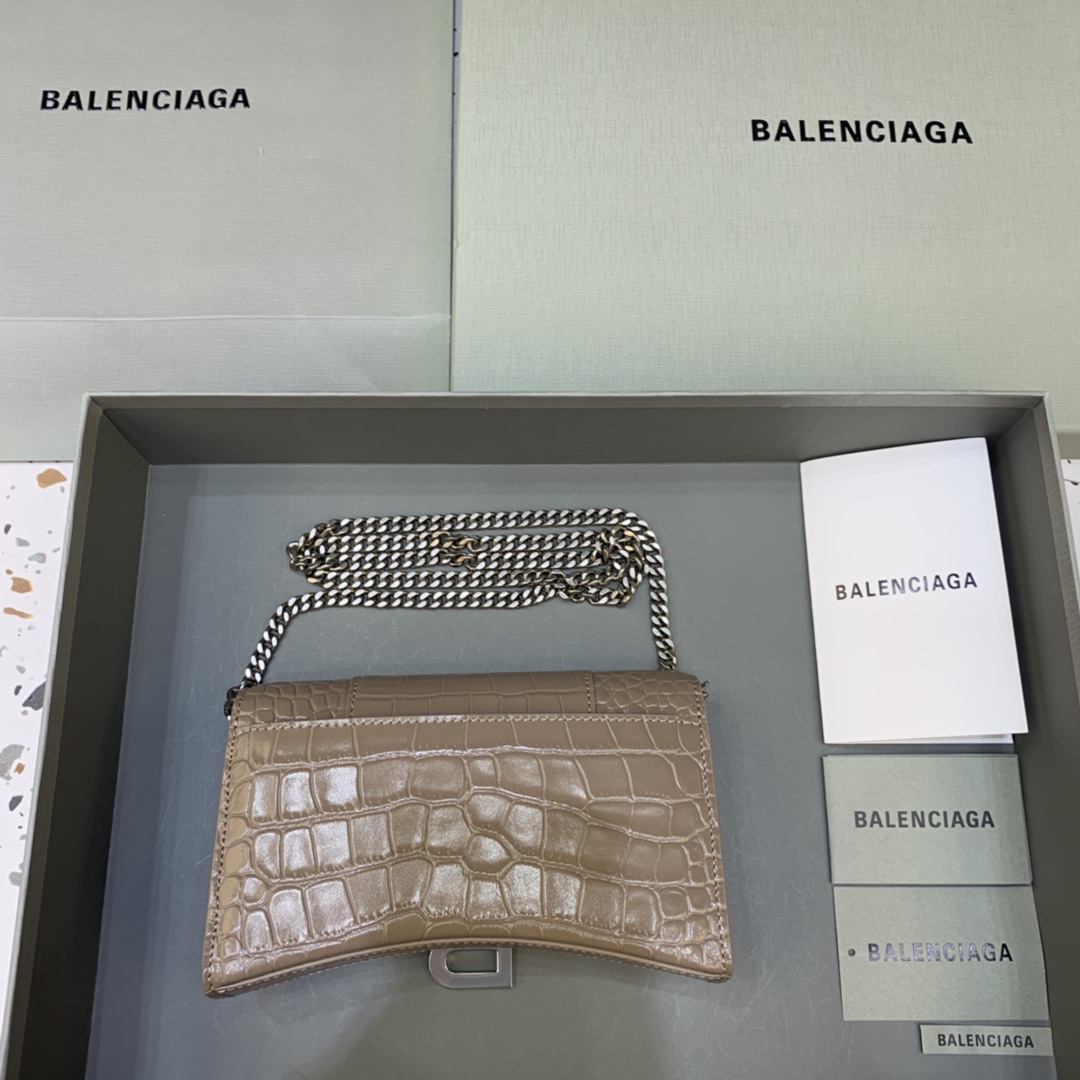 Balenciaga Small Hourglass Wallet With Chain Crocodile Embossed Shoulder Bag Khaki